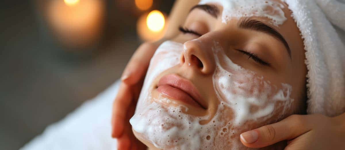 a woman with white foam on her face