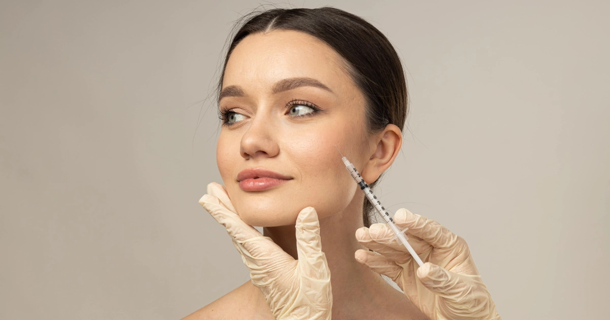 A person receiving a dermal filler injection in the cheek at a clinic in Rockwall, TX