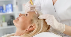 A woman receiving an injection into her scalp for hair restoration in Rockwall, TX.